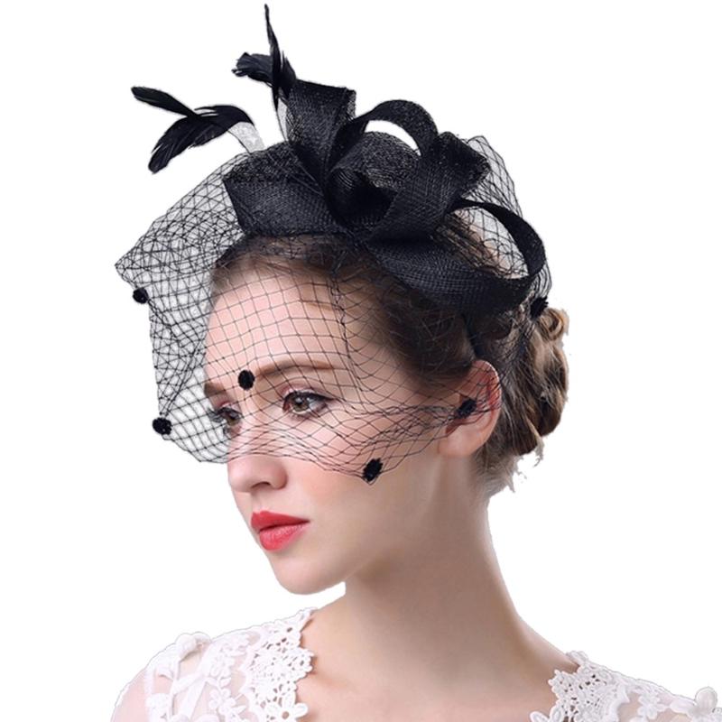 

Fashion Women Fascinator Penny Mesh Hat Ribbons And Feathers Wedding Party Hat Small Floral Women Fashionable Handmade Hats#BL5, Black