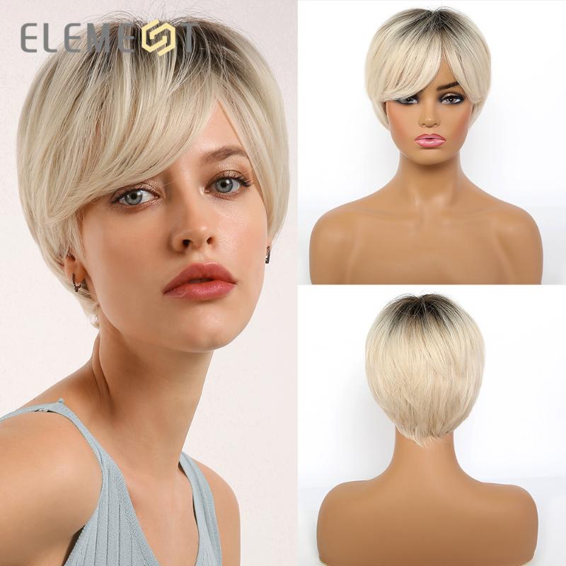 

Synthetic Short Straight Black Root Ombre Blonde Pixie Cut Wigs with Side Bangs for White/Black Women Heat Resistant, Ss165-2
