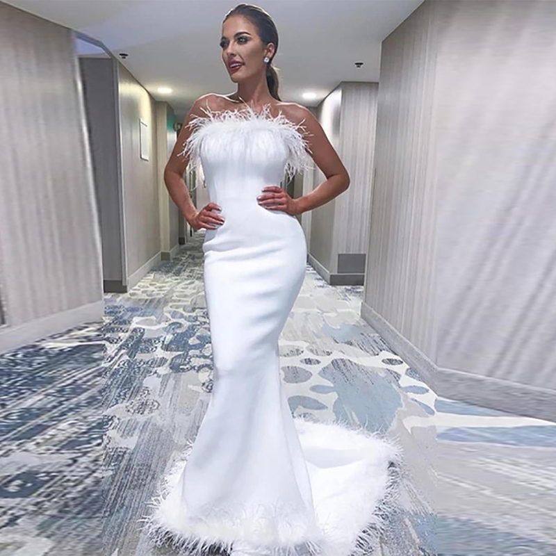 

White Feather Mermaid Evening Dresses Strapless Satin Long Formal Evening Gown Customized Prom Dress 2020, Gray