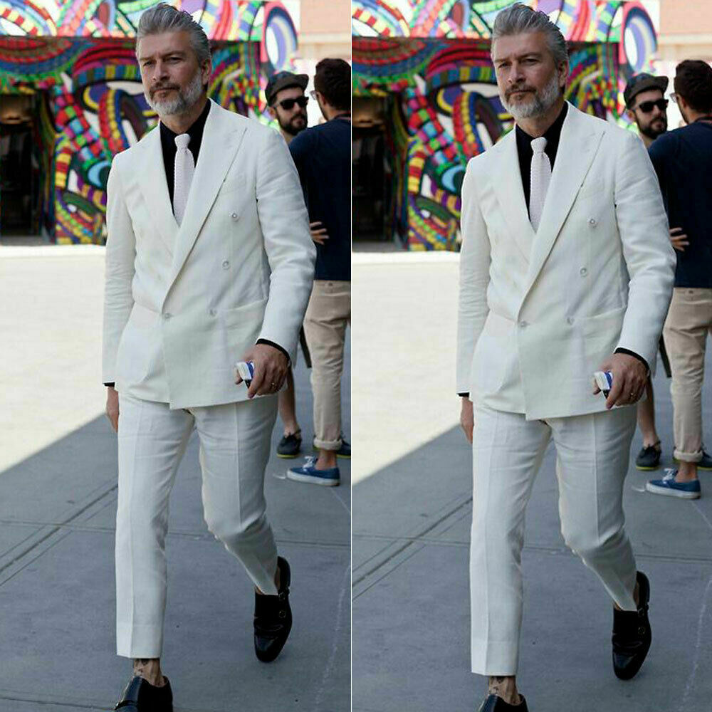 

Double-Breasted White Linen Suit For Men Formal Prom Dinner Groom Wedding Tuxeds