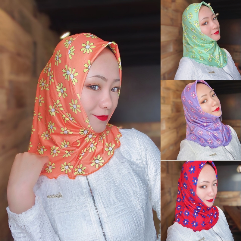 

Muslim Ladies Hedging Cap Islamic Headscarf Flower Pattern Hijab Arab Scarf Smooth Fabric Hat Elasticity Dust Cap Windproof