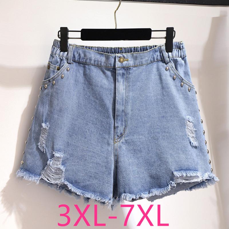 

New 2020 summer plus size denim shorts for women large loose casual elastic waist rivet blue hole jeans shorts  5XL 6XL 7XL