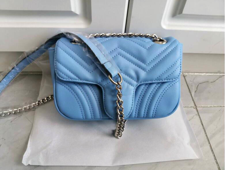 

New girl handbag wallet Silver chain Marmont Crossbody handbag women's leather bag shoulder bag Messenger bag 22cm GU5478, Blue