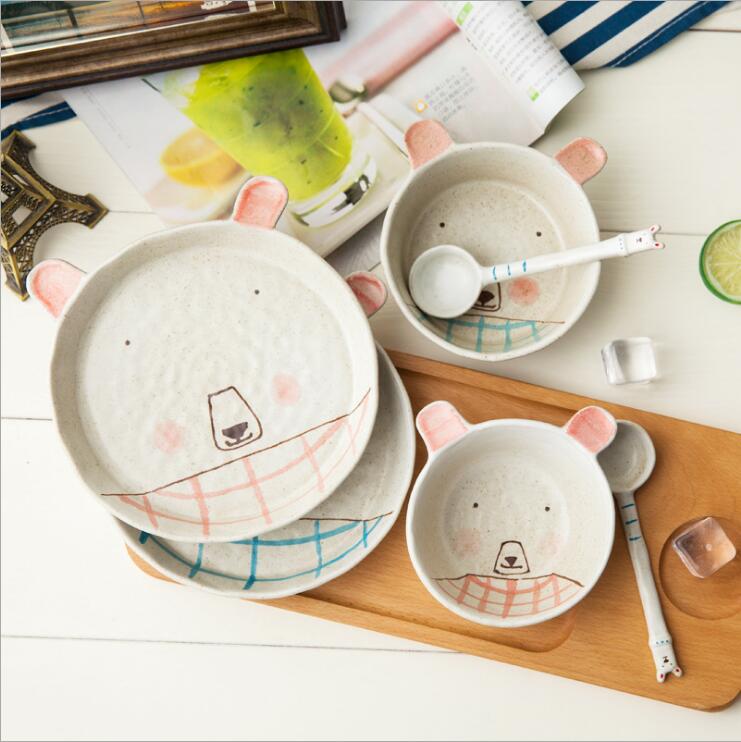 Porcelain tableware couple suit Jingdezhen hand painted cute bear dessert bowl spoon fruit plate gift Dinnerware Sets-image-549516724