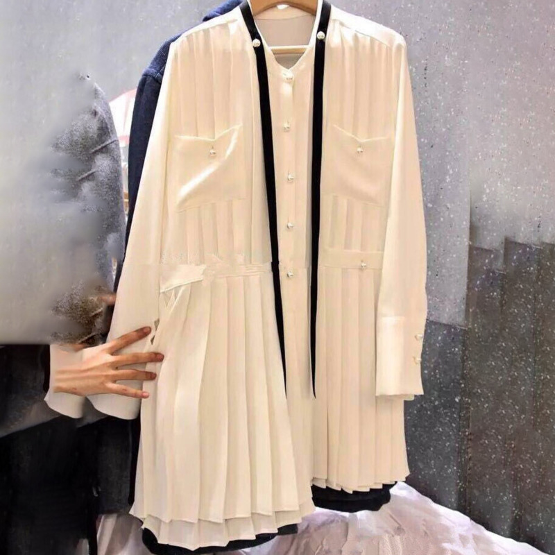 

EWQ] 2020 Spring New Sweet High Quality Ms Dress Pearl Button Long-sleeved Stand Pleated Stitching Pocket Ladies White Dresses