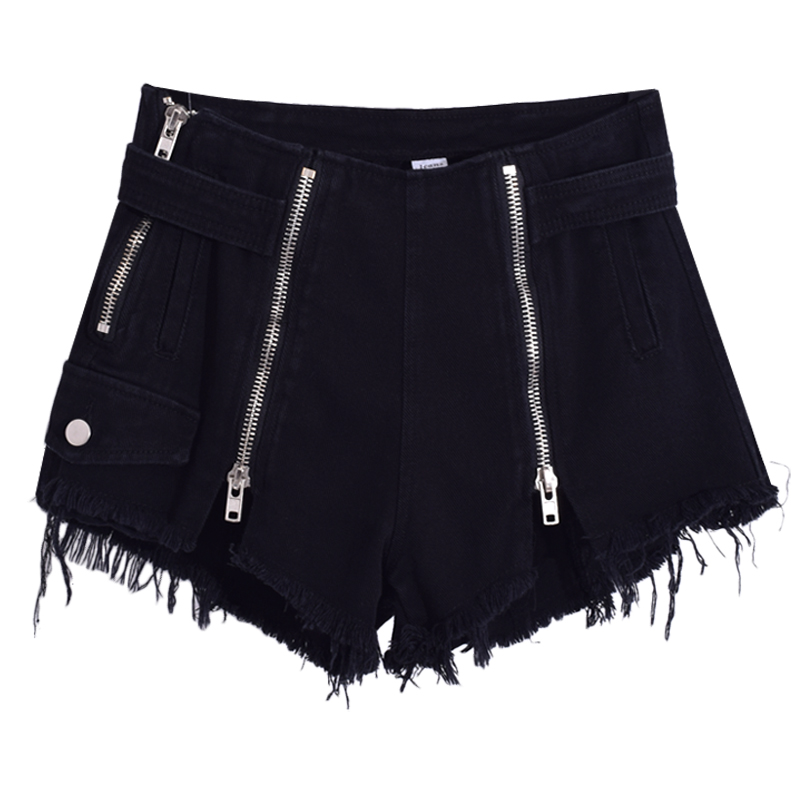 

Goth Black Exposed Zip Decoration Fringe High Waist Micro Denim Shorts Women Summer Bench Casual Solid Skinny Sexy Shorts Lady