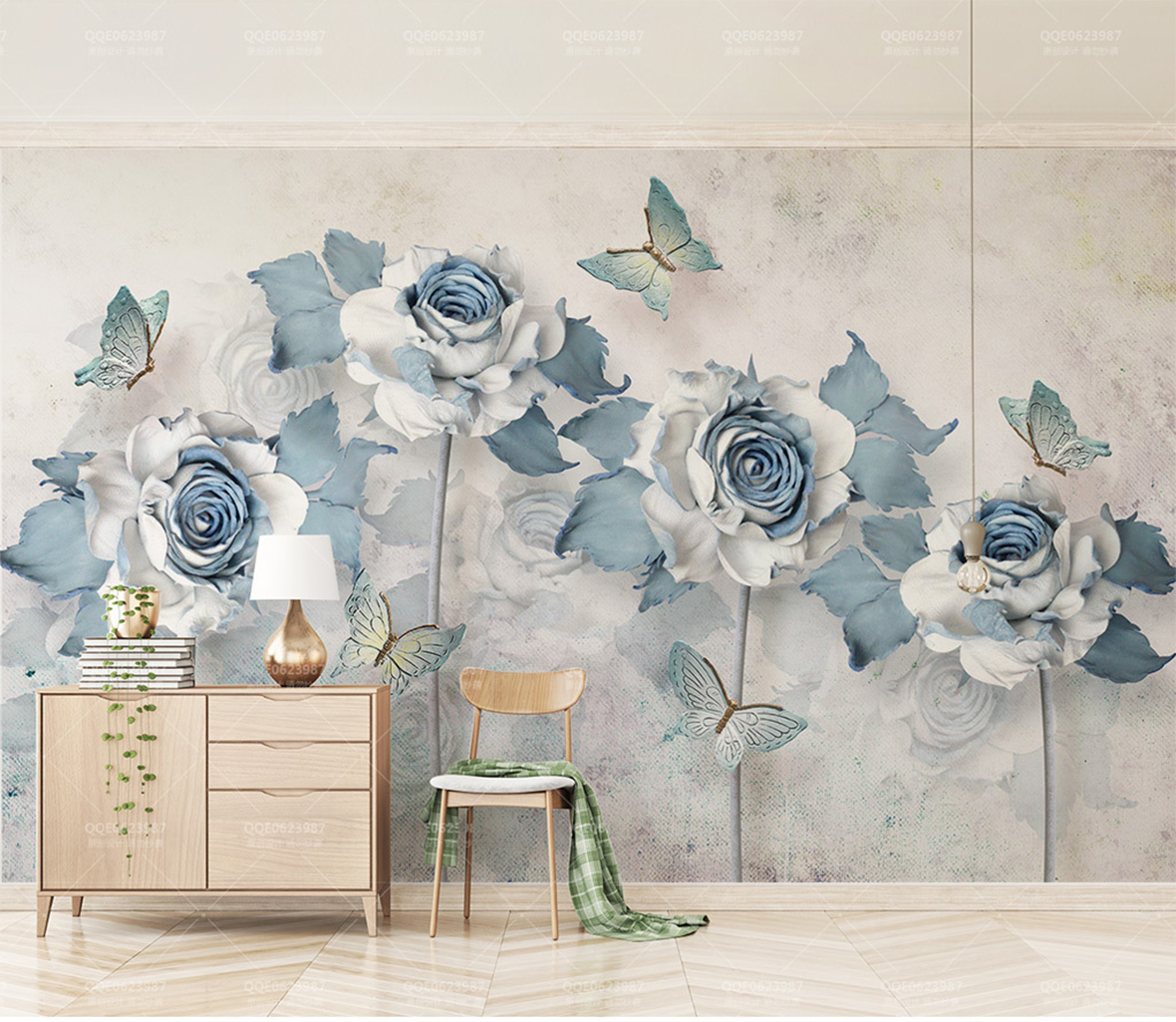 

Custom Any Size Wallpaper 3d Elegant Flower Butterfly Light Blue Living Room Bedroom Background Wall Decoration Wallpaper, Customize