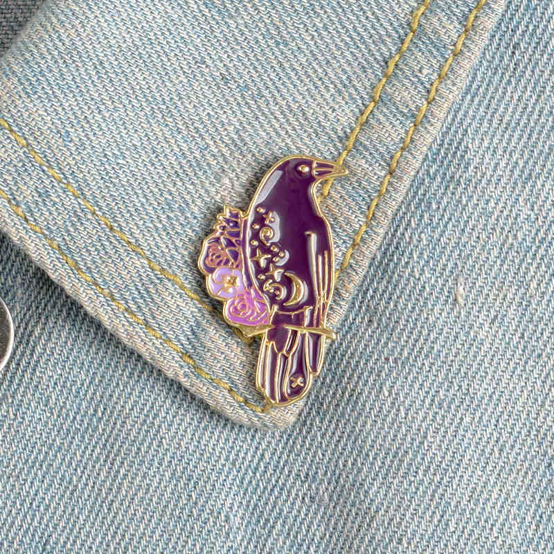 

Gothic crow enamel pins Beautiful Purple bird pink flower badge brooches for women Denim Jackets Shirt bag Lapel pin jewelry gift for friend