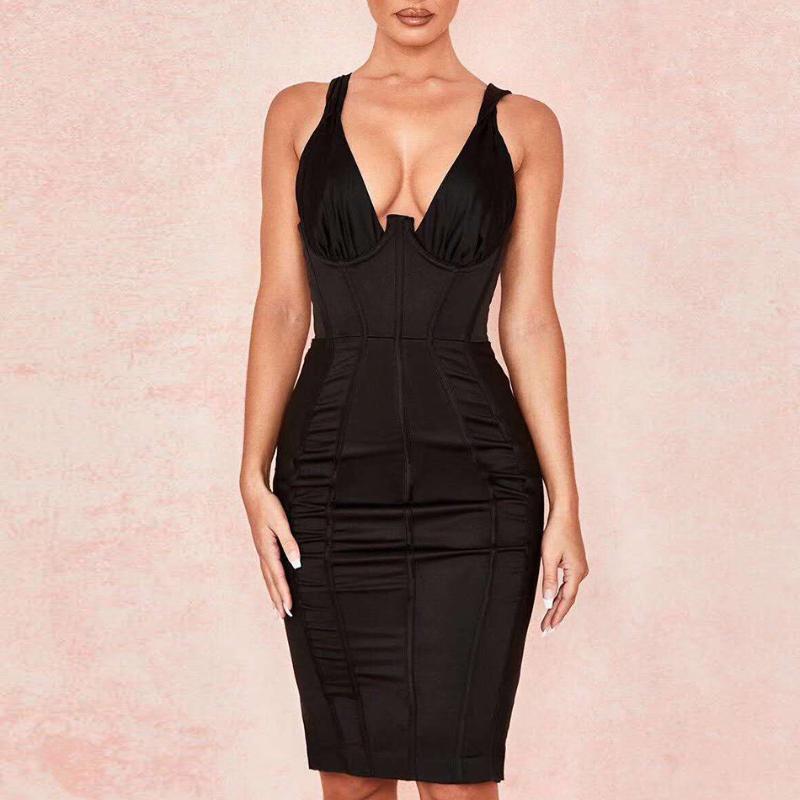 

ADYCE New Summer Bodycon Bandage Dress Women Sexy Black V-Neck Spaghetti Strap Club Dress Vestidos Celebrity Evening Party, Black dress