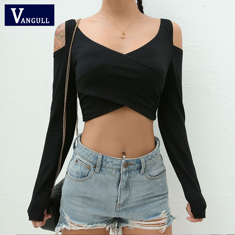 

Vangull Sexy Long Sleeve Crop Top T Shirt Women Cross Korean Tee Shirt Femme 2020 Spring Black Elegant Harajuku Party T