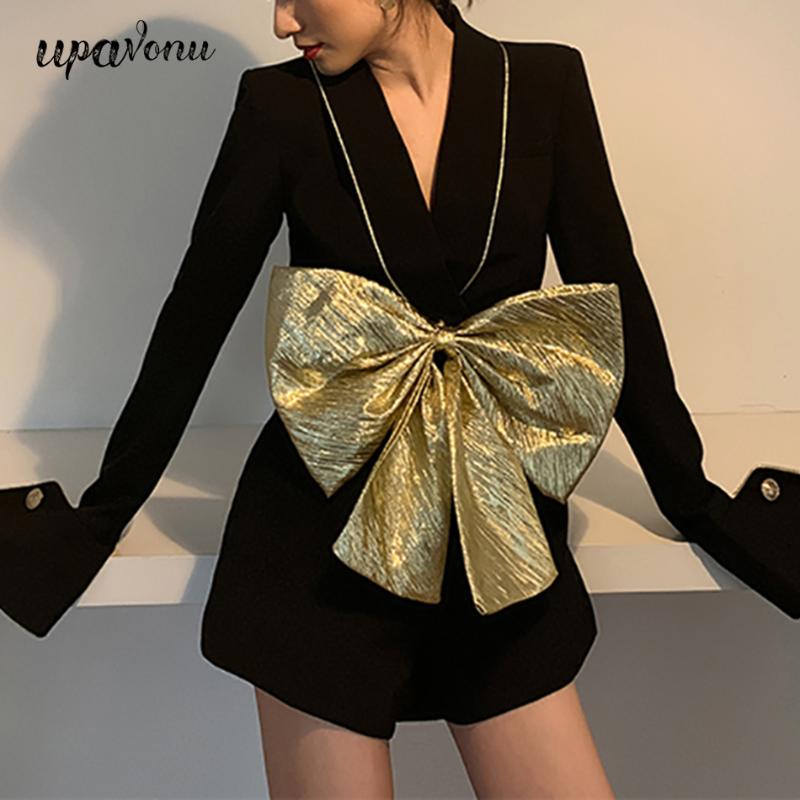

UpAvonu 2020 Fashion New Temperament Lapel Suit Jumpsuit Sexy Club Party Long Sleeve Bow Belt V-Neck Slim White Jumpsuit, Black