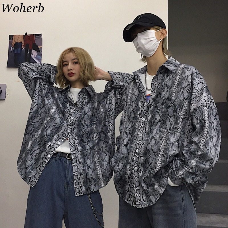 

Woherb Loose Shirt Summer Women Man Hiphop Punk Streetwear Snake Print Harajuku Fashion Blouse Casual Top Korean Boyfriend Cool, Picture color