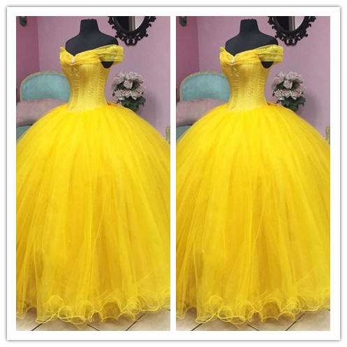 Princesse Jaune Boule Robes Quinceanera Robes pour dame à la fête Volants Tutu Pal Robes De Robe de remise des épaules De Lace Up Plus la taille