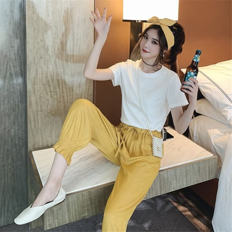 

Womens Spring Summer Harajuku Pants Cotton Linen Solid Black Elastic waist Candy Colors pencil Harem Trousers for Female ladys, Beige
