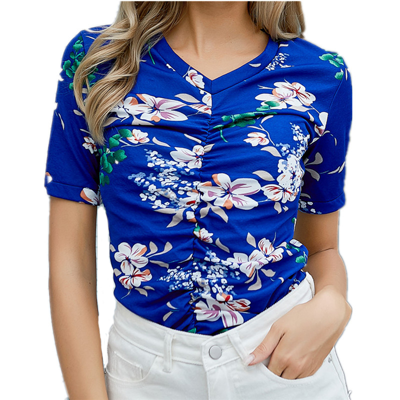 

Fashion T shirt Women Casual Summer Tshirts Femme tops & tees Vintage Flower Print short sleeve 2020 New Arrival Floral Hot sale, Blue