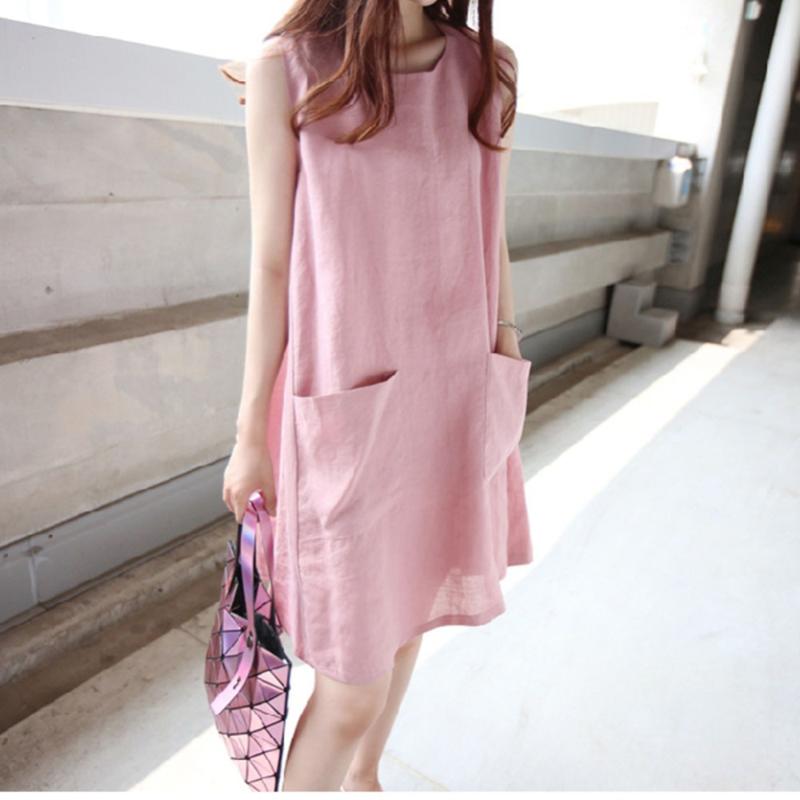 

Women Pocket Cotton Dress Large Size Loose Dress Sleeveless O-Neck Summer, Pink