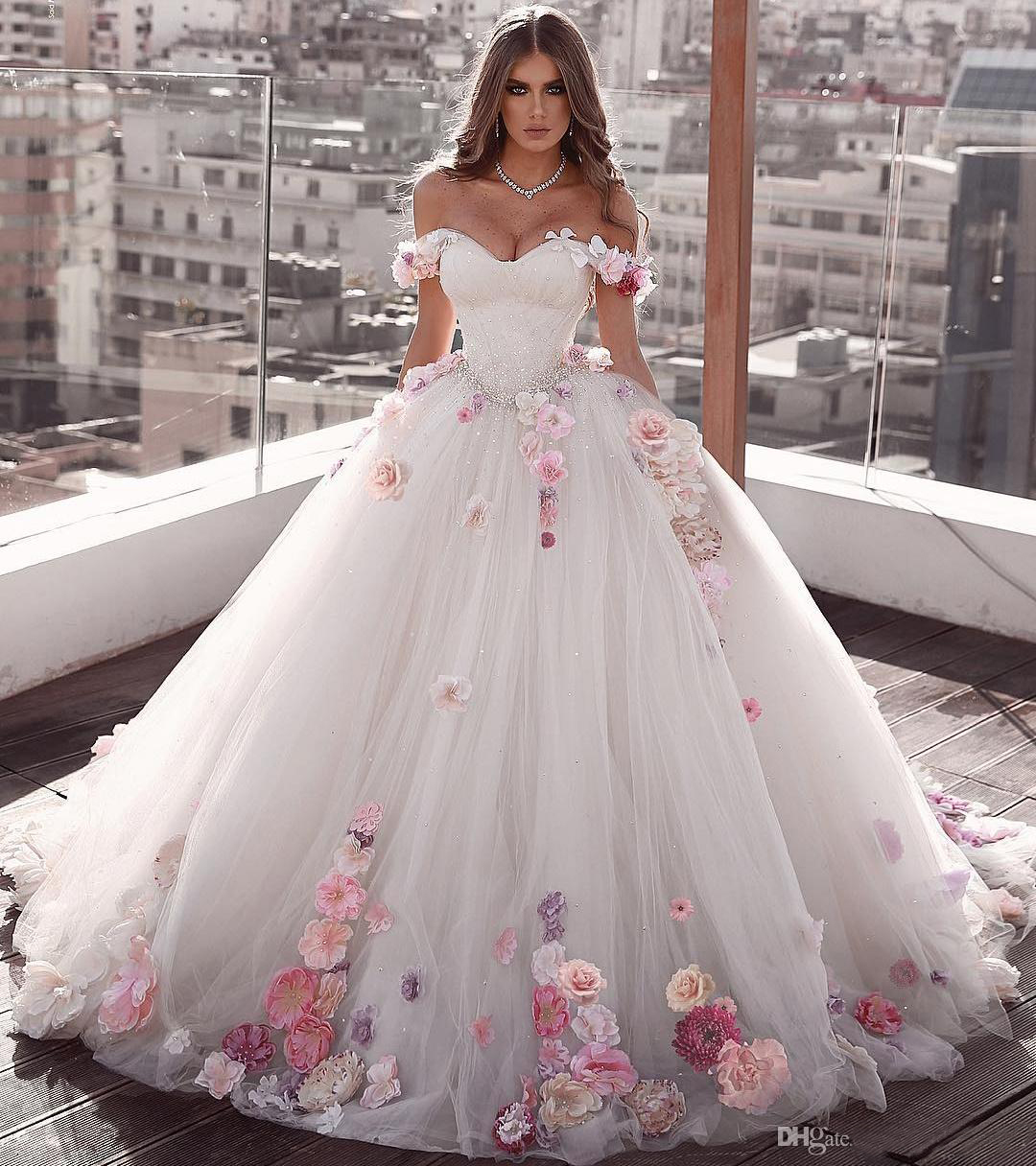

Off Shoulder Flowers prom Ball Gown Beaded Quinceanera Dress Lace Up Back Luxurious Pleated Tulle Sweet 15 Party Dresses, Pink