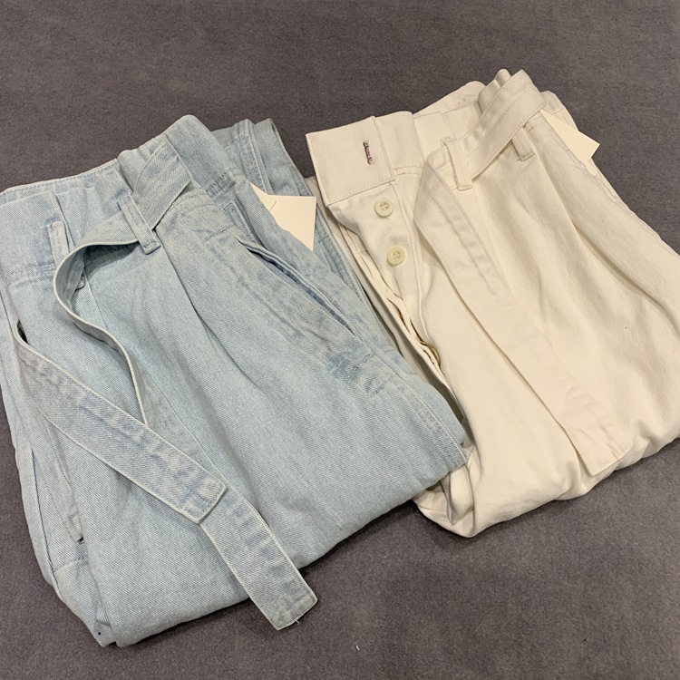 

New Cotton High Waist Pants Women's Cotton Loose Long Pants with Belt, Blue