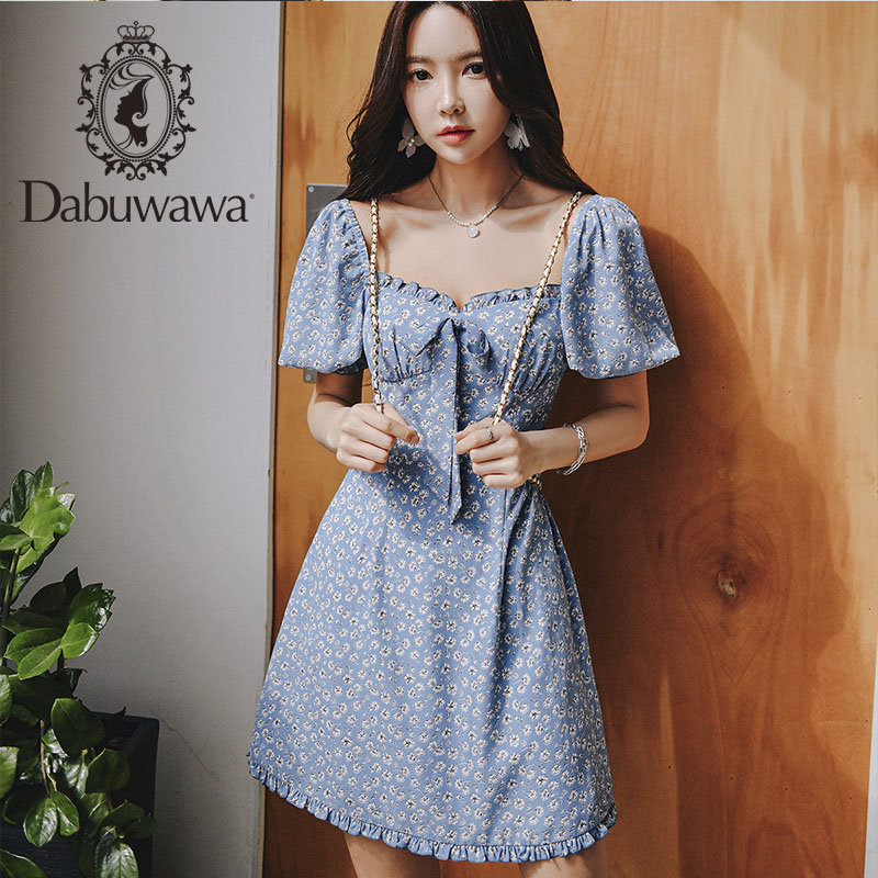 

Dabuwawa Vintage Square Collar Floral Print Dress Women Puff Sleeve High Waist Bow Boho Sweet Slim Dresses Female DT1BDR024, Blue