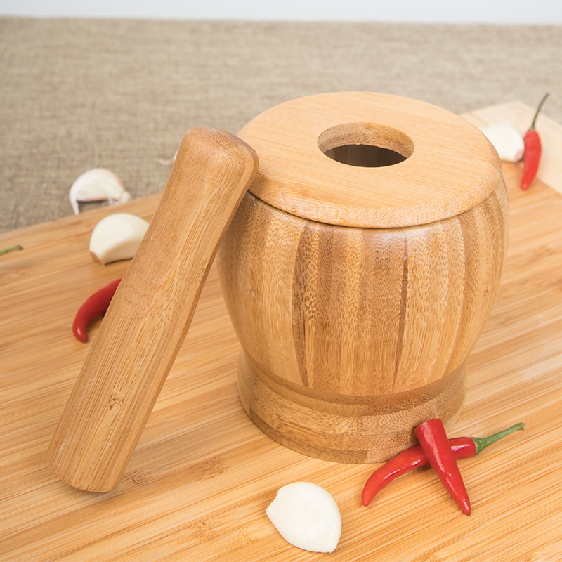 

New Pestle Grinding Bowl Set Bamboo Mortar And Pestle Pedestal Bowl Garlic Pot Spice Pepper Mill Tools Kitchen Tools