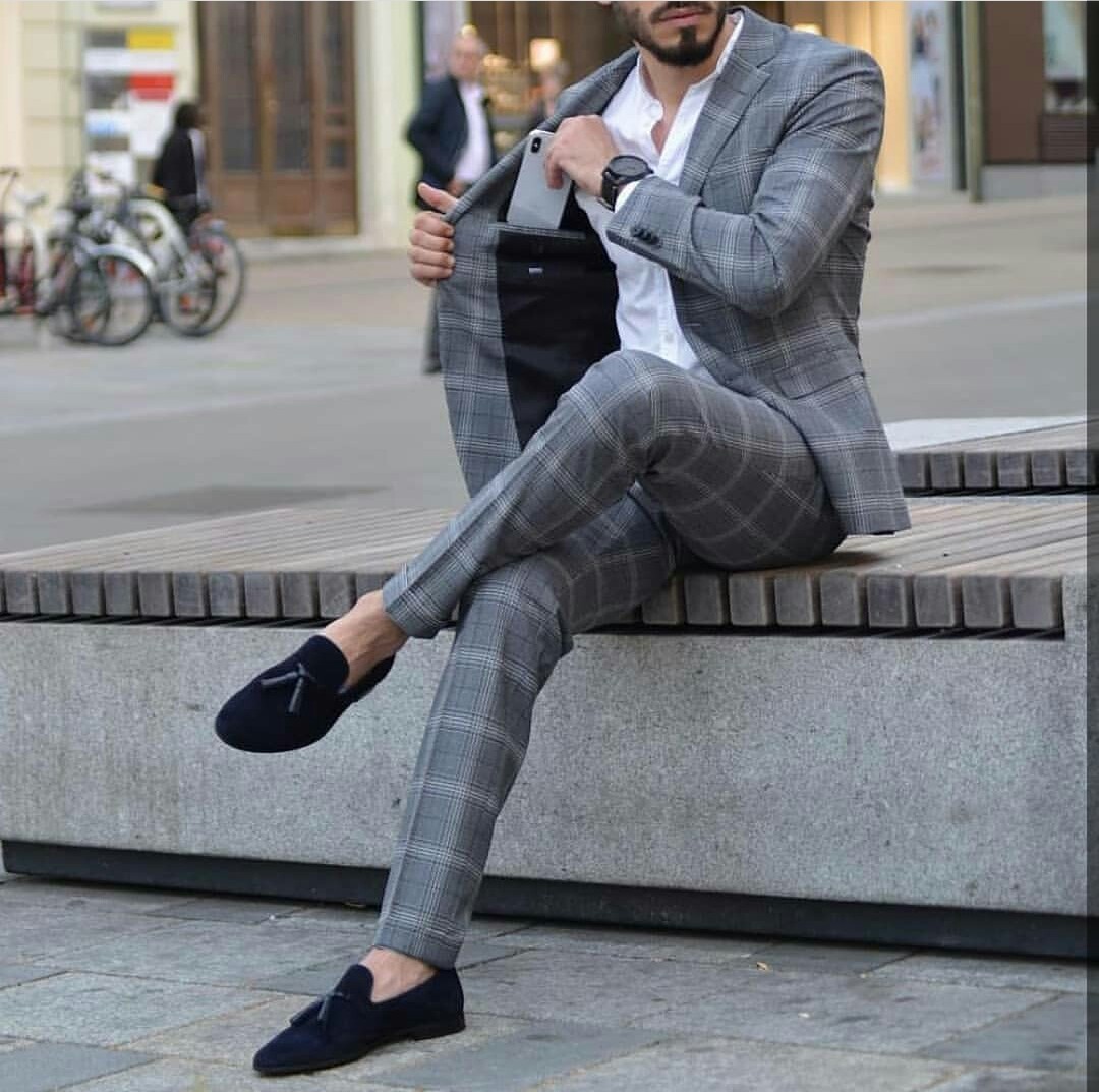 Grey Mens Suits Plaid Wedding Groom Tuxedos Groomsmen Slim Fit Suits Fit Best Man Suit Wedding Men's Suits Bridegroom (Jacket+Pants)