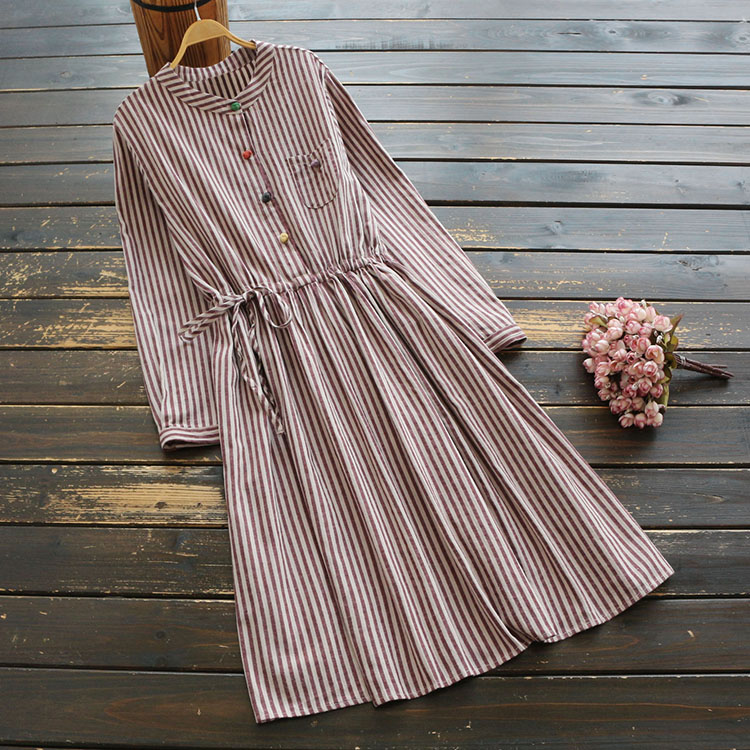 

Women Dress Striped Cotton Linen 2020 Spring Long Sleeve Draw Waist Thin Mori Girl Fashion Women Robe, Gray