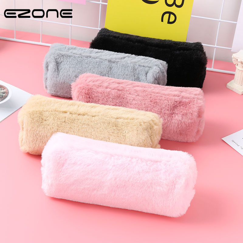 

EZONE Plush Pen Bag Winter Warm Fur Furry Candy Color Pencil Cases With Hairball Zipper Design Student School Office Supply