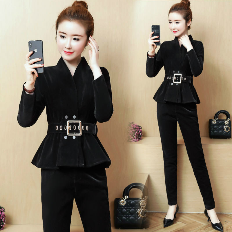 

European station gold velvet suit female 2019 spring new elegant fashion suit jacket top + feet pants two-piece set women, Black