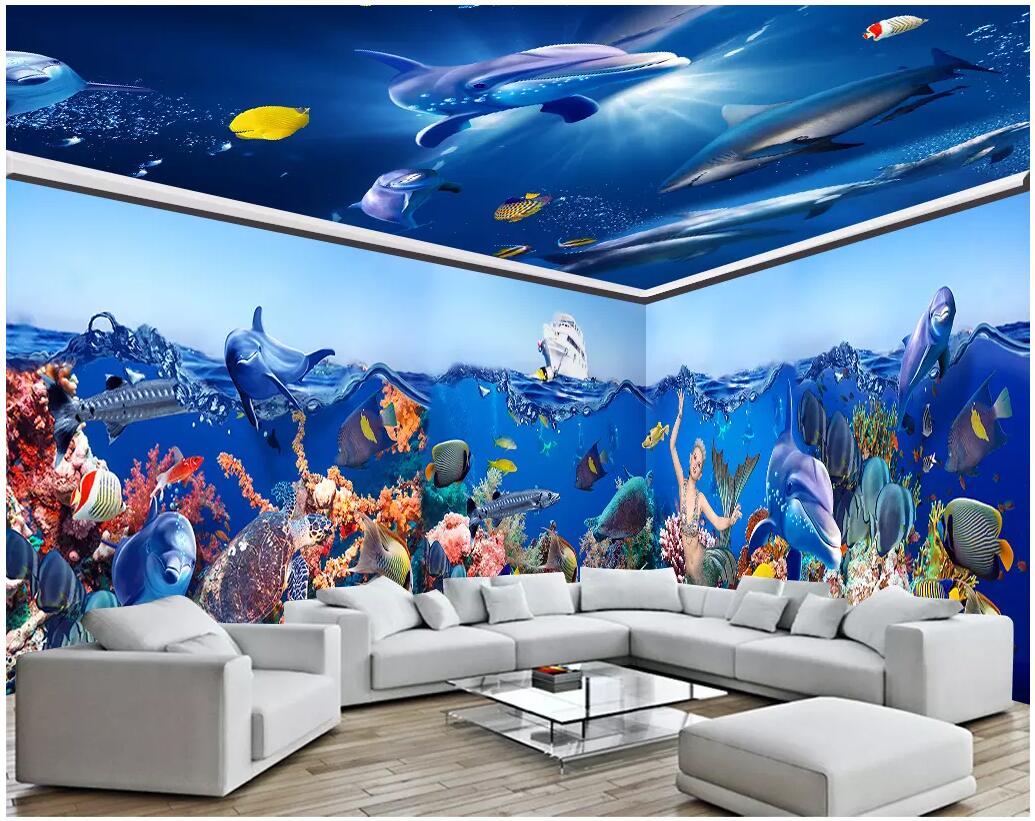 

3d wallpaer custom mural photo Underwater World Mermaid Dolphin house background wall room home decor 3d wall murals wallpaper for walls 3 d, Customize