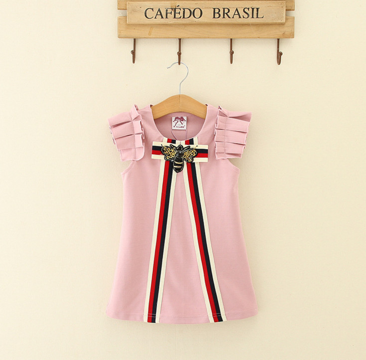 

Girls summer dresses kids beaded bees stripe Bows tie A-line dress children falbala fly fly princess dress designer kids clothes F2049, Red
