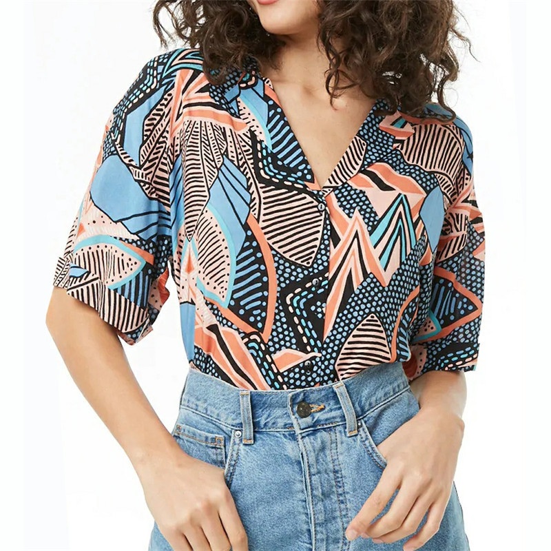

Plus Size 3XL Women Boho Blouses Fashion Short Sleeve V-neck Leaf Vintage Shirt Chiffon Office Blouse Slim Casual Tops for Lady, Black
