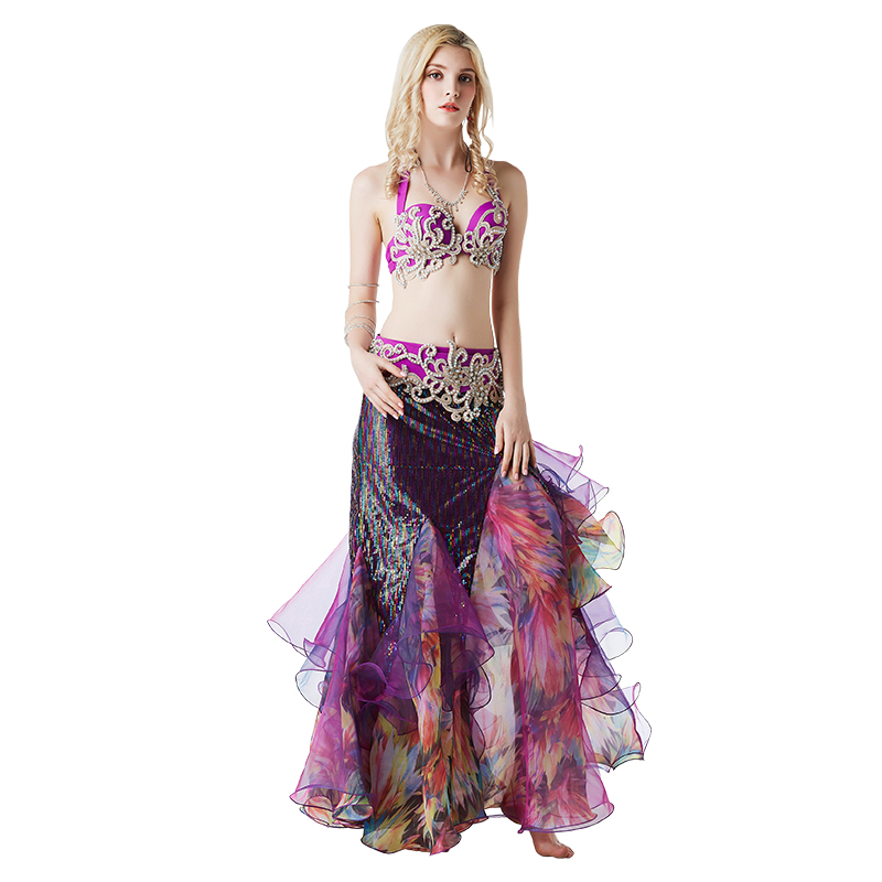 

Professional customization Stage Performance Dance Wear Belly Dance Costume Set Bra Top Belt Skirt Dress lady Cocktail Ballroom, Purple