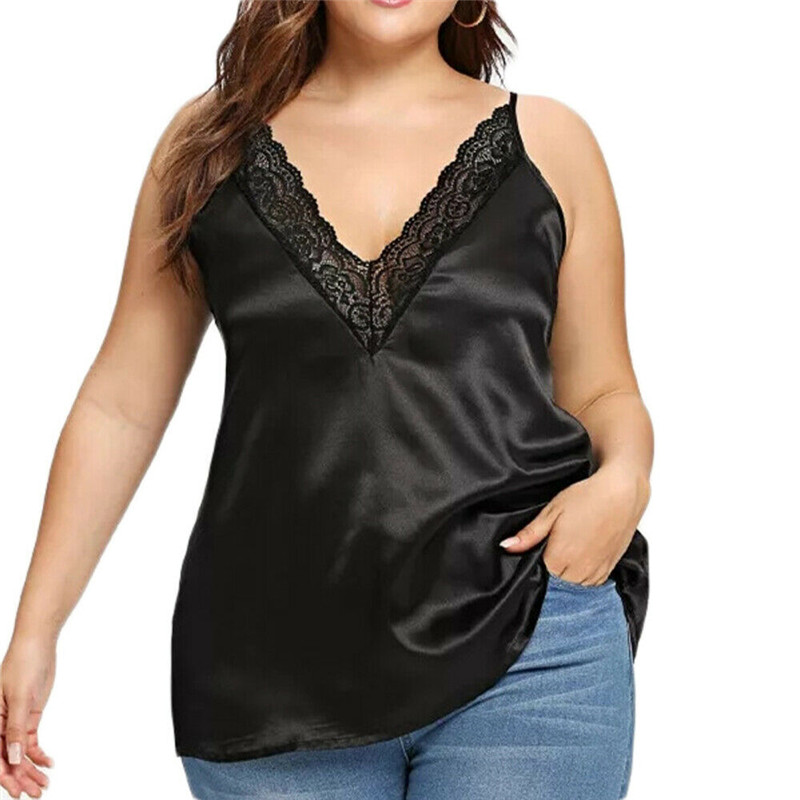 

Plus Size Summer Silk Tank Top 2020 Women Sexy V Neck Basic Tops Blusas Casual Womens Vest Lace Camisole Fit Tops Female Shirt, Black