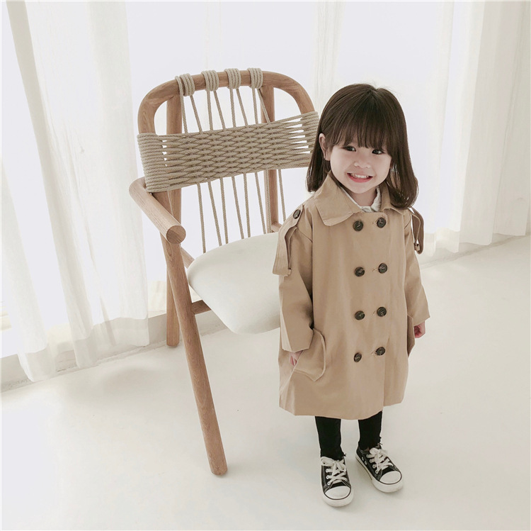 

New autumn England college style long section solid color classic double breasted windbreak jacket outwear both for girls, Khaki