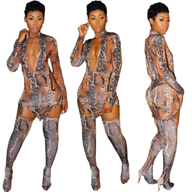 

Matching Sets for Women Outfits Ropa De Mujer Snakeskin Print Mini Bodycon Dress Thigh High Sock Women Two Piece Sets Clothing, Multicolor