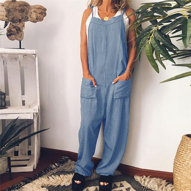 

Women Home Casual Loose Color Striped Backless Lace-up Jumpsuit Summer Female Sleeves Pockets Siamese Pants Plus Size, Blue