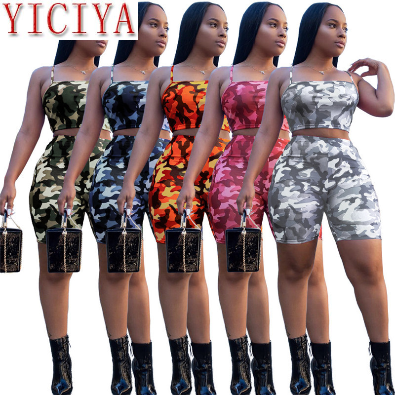 

Camouflage Print Casual Double Set Crop Top and Broek Summer Short Training Suit Women Sexy Bodycon Romper festival clothing, Army green