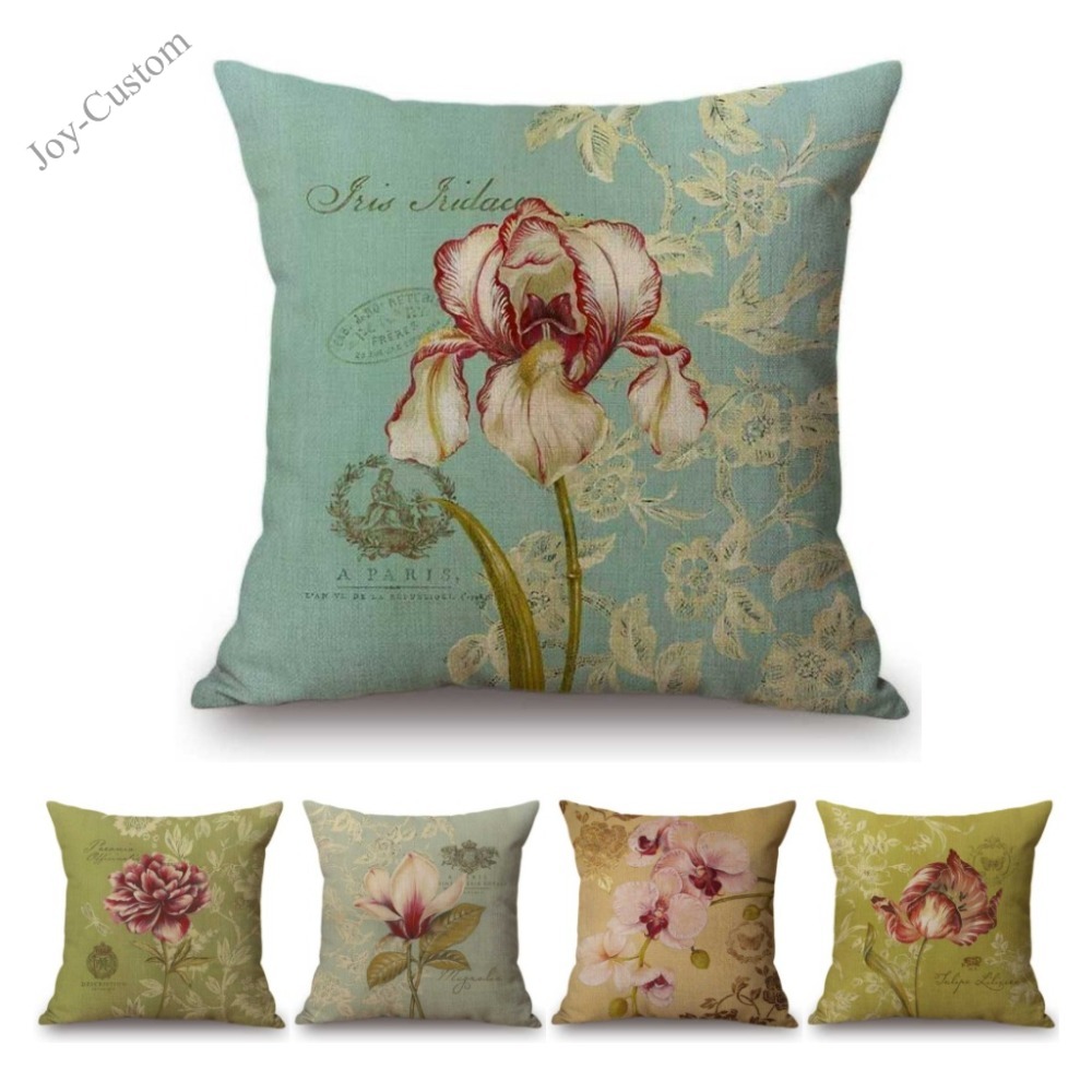 

Vintage Flower Post Card Style Sofa Decoration Cushion Cotton Linen Floral Orchid Home Decor Cushion Cover Dropshipping, Beige