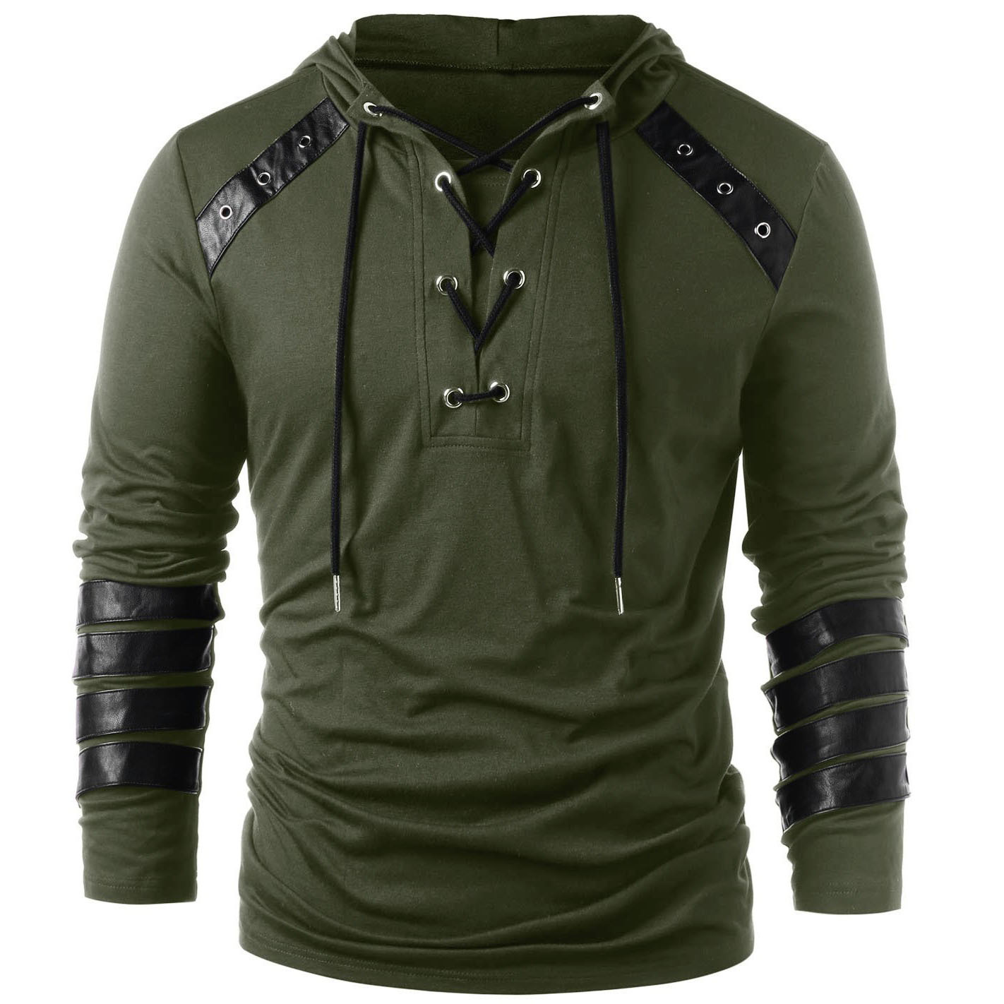 

Hoodie Sweatshirt Men Winter Drawstring Vintage Slim Leather Patchwork Long Sleeve Hooded Tops Sweatshirts for Male, Black