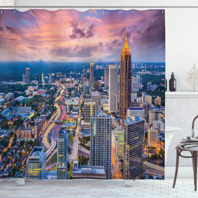 

Modern Shower Curtain Atlanta City Skyline at Sunset with Hazy Syk Georgia Town American View Bathroom Decor Set with Hooks 84