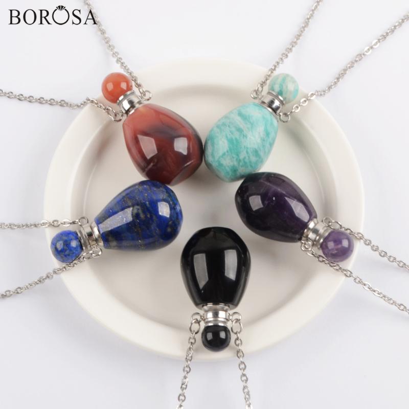 

Pendant Necklaces BOROSA Amazonite Lapis Perfume Bottle Necklace Gems Stone Crystal Essential Oil Connector Silver WX1608