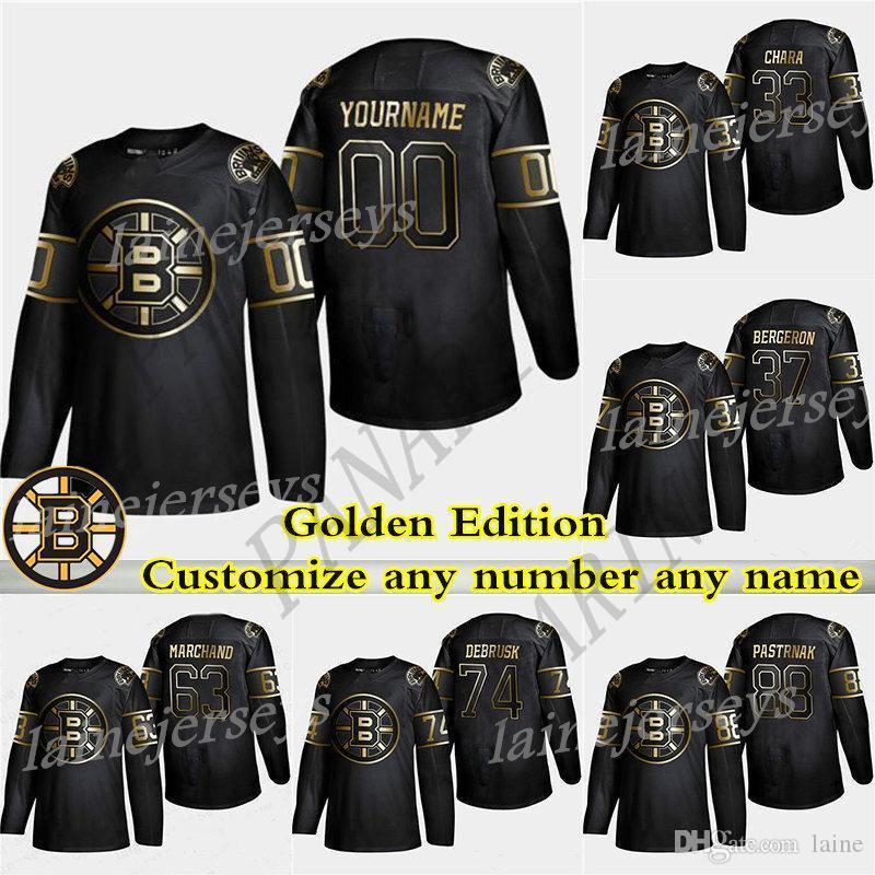 

Boston Bruins Golden Edition 4 Bobby Orr 74 DeBrusk 37 Patrice Bergeron 63 Marchand 88 Pastrnak Customize any number any name hockey jerseys, Black;red