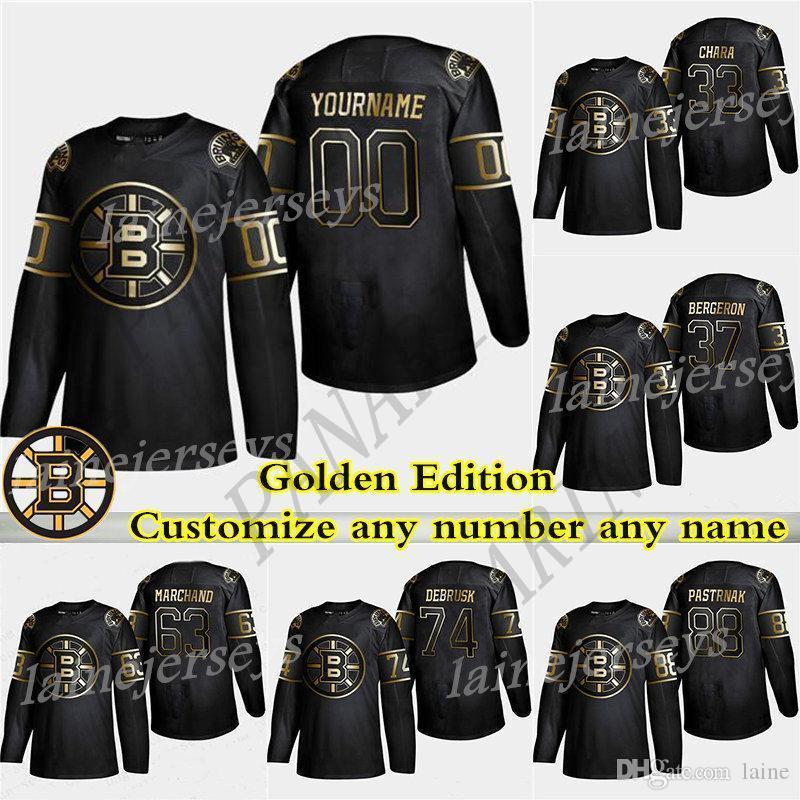

Boston Bruins Golden Edition 4 Bobby Orr 74 DeBrusk 37 Patrice Bergeron 63 Marchand 88 Pastrnak Customize any number any name hockey jerseys, Black
