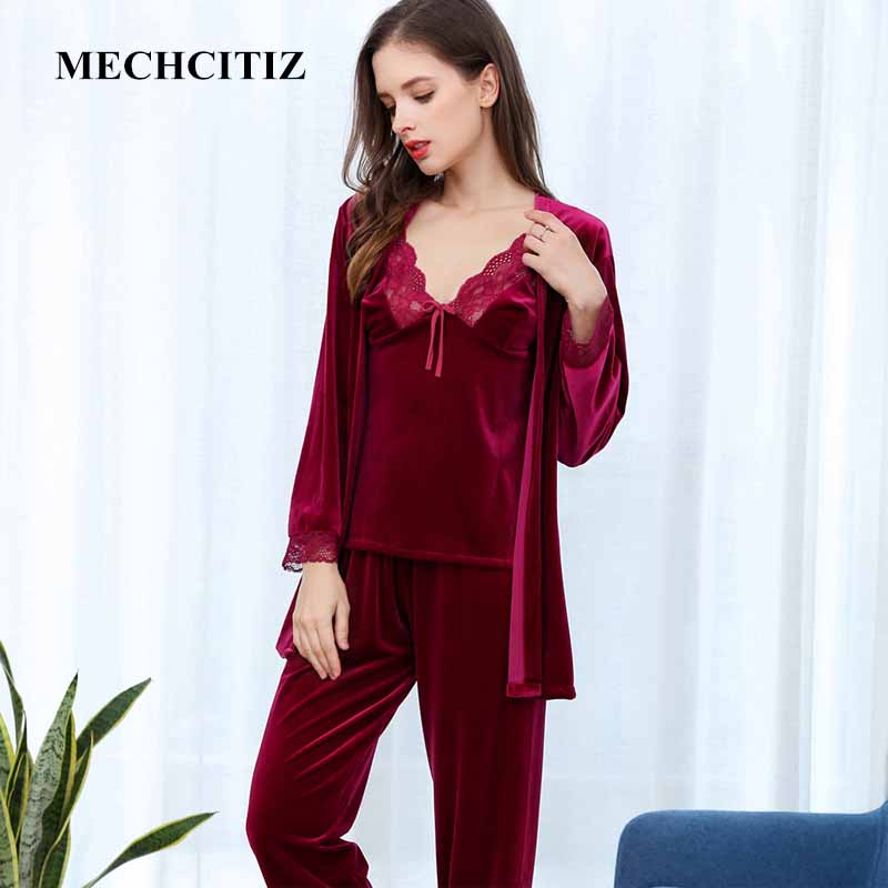 

MECHCITIZ 3 pieces women pajamas set winter warm velvet bathrobe top pants sleepwear pajamas sets autumn robe home clothes
