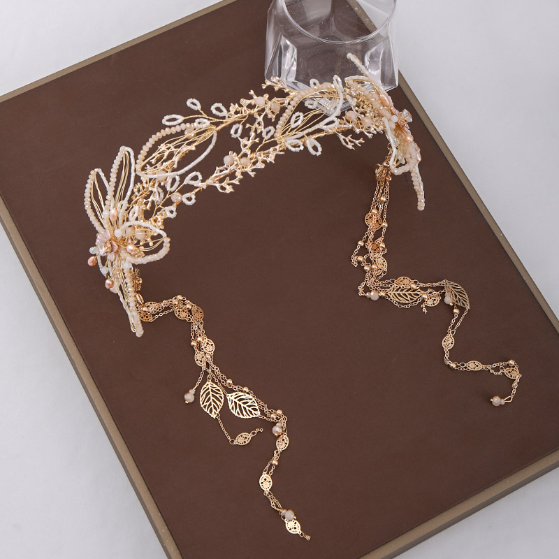 

Other High Fashion Fairy Flower Leaf Pearls Long Tassel Pendant Tiaras Crowns Headbands For Women Girls Bride Noiva Wedding Jewelry
