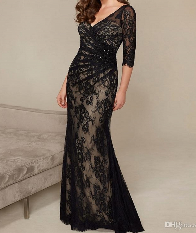 

Black Mermaid Formal Dress Elegant Fashion V-Neck Half Sleeve Beaded Lace Appliques Long Evenign Mother Of The Bride Dresses