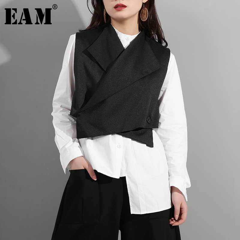 

EAM] 2019 New Spring Summer Lapel Sleeveless Black Button Cross Bandage Ribbon Stitch Vest Women Fashion Tide All-match WD81