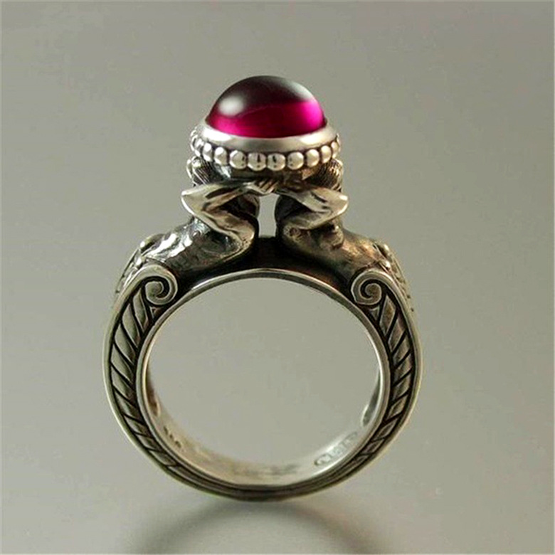 

Wholesale-Best Selling Mermaid Red Stone Rings Euramerican Creative Retro Plated Silver Color Women's Rings Banquet Party Jewelry Anillos
