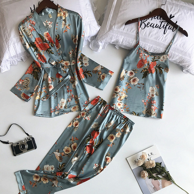

Daeyard 3 Pieces Silk Pajama Set Print Nightwear Pijama Home Suit Women Sexy Lingerie Pyjama Bride Robe Satin Kimono Floral Robe T200612, Light blue plant