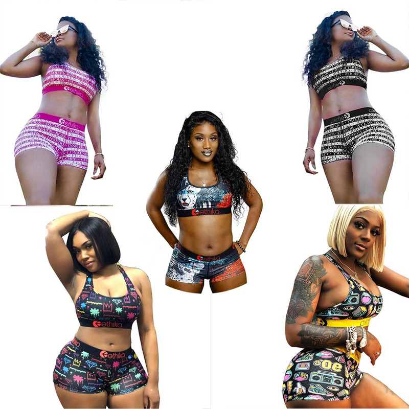 

Women swimsuit summer Beach Swimwear Cartoon Swimming Bathing Suits Tankini Push Up Vest Bras + Shorts 2Pcs Bikini Set C6402, Multi-color random